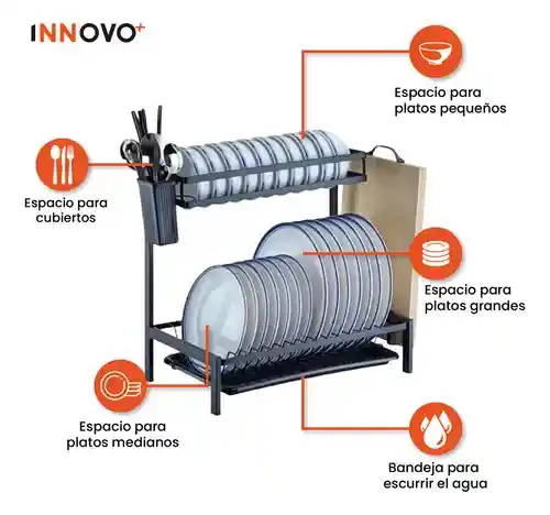 Platero Organizador De Cocina Metalico 2 Niveles Armable Innovo Home Negro