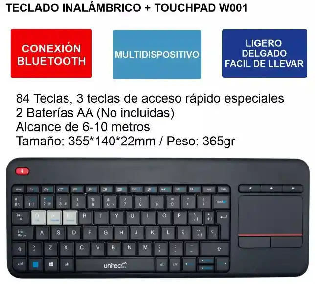 Teclado Inalambrico + Pad Mouse Touchpad Incorporado 2 In 1 Bluetooh + Wifi Conectividad Con Múltiples Dispositivos