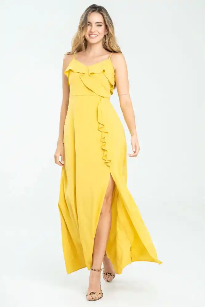 Vestido Tiras Volante Color Amarillo Medio Talla Xs