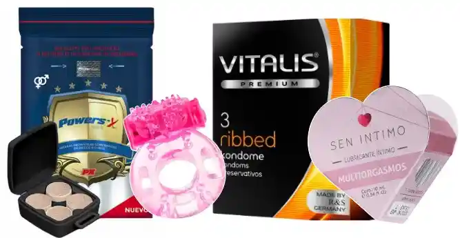 Kit Power Sex, Anillo Vibrador, Preservativo Vitalis Ribbed Y Lubricante Multiorgasmo