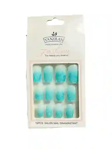 Kit Completo De Uñas Postizas Azucarada Cuadrada Degrade Yanzilan Tono Aguamarina - Uñas Press On Con Adhesivo - Ref 4