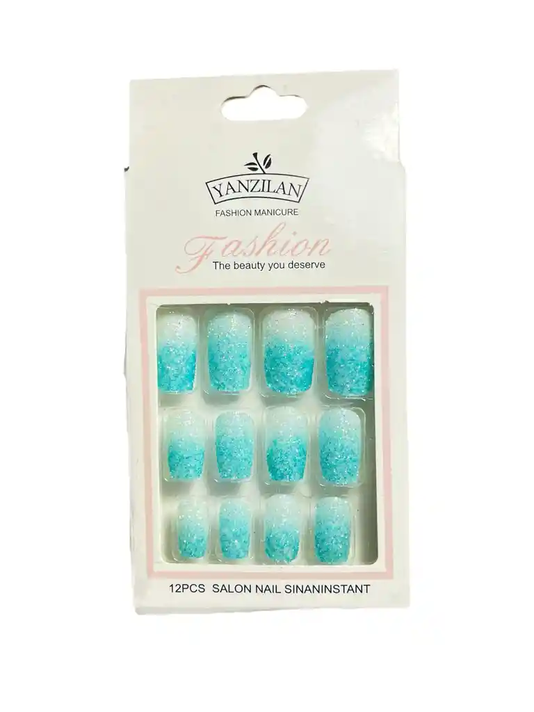 Kit Completo De Uñas Postizas Azucarada Cuadrada Degrade Yanzilan Tono Aguamarina - Uñas Press On Con Adhesivo - Ref 4