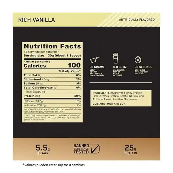 100 % Gold Standard Isolate 3 Lbs Sabor Rich Vainilla