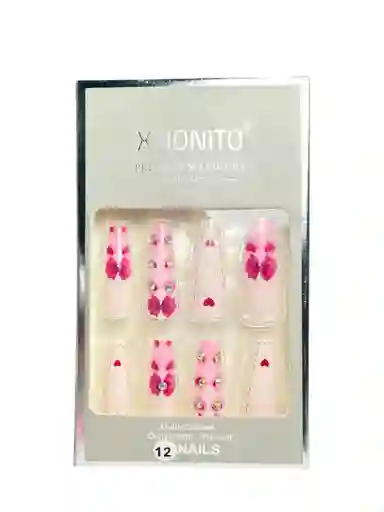 Kit Completo De Uñas Postizas X Bonito Corazones Rosa - Uñas Press On Con Adhesivo - Ref 5