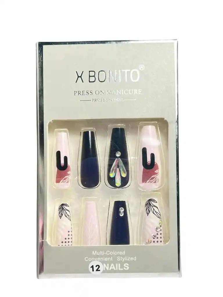 Kit Completo De Uñas Postizas X Bonito Minimalista Floral Negro - Uñas Press On Con Adhesivo - Ref 7