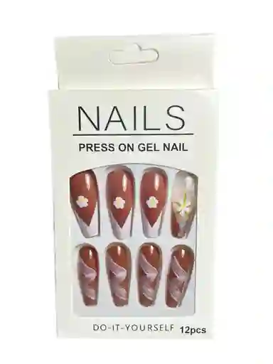 Kit Completo De Uñas Postizas Nails Xucaibeauty Cafe Florecido - Uñas Press On Con Adhesivo - Ref 7