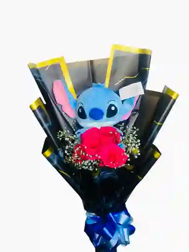 Ramo De Flores Con Rosas Y Peluche Stich (arreglo Floral - Regalo Para Mujer - Feliz Cumpleaños- Rosas )