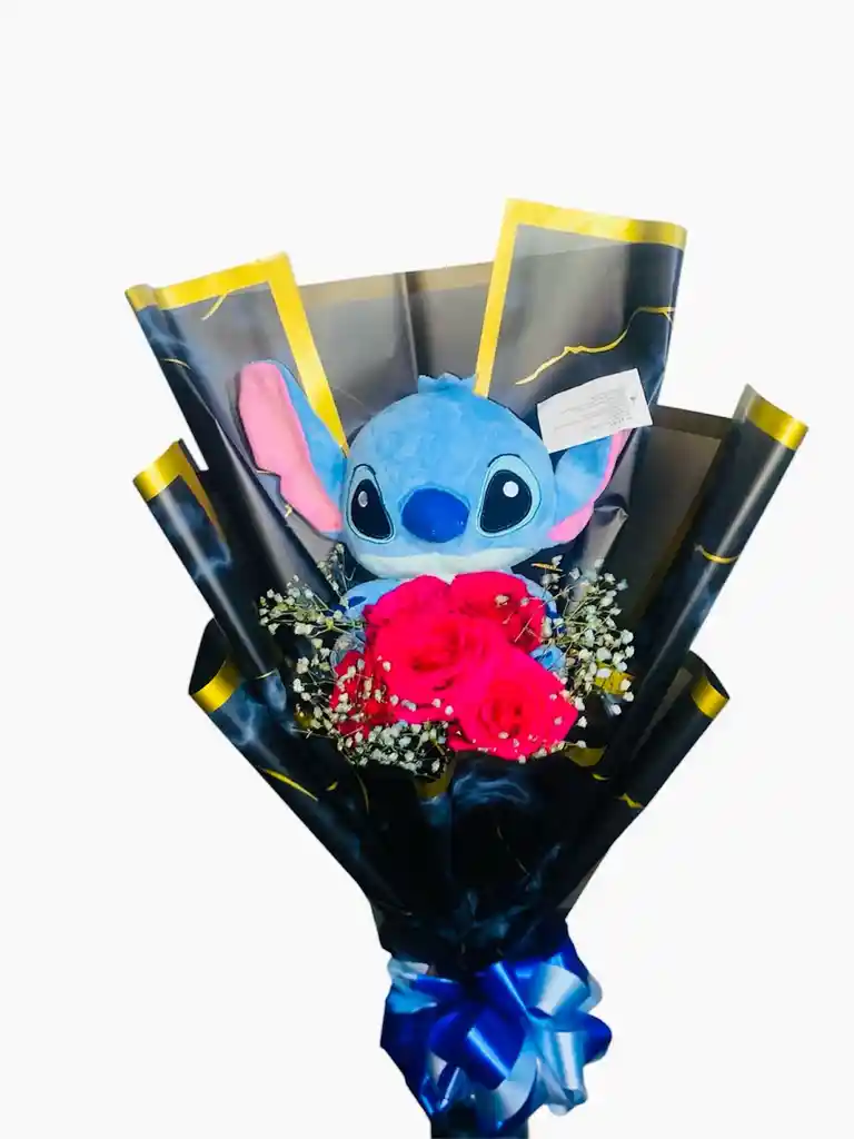 Ramo De Flores Con Rosas Y Peluche Stich (arreglo Floral - Regalo Para Mujer - Feliz Cumpleaños- Rosas )