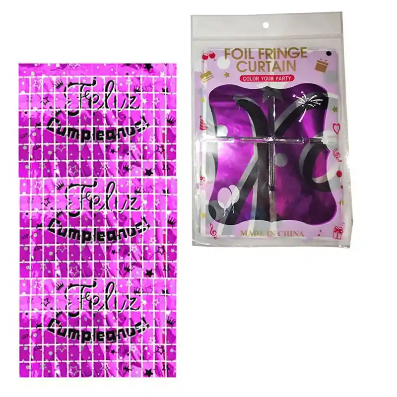 Cortina Fucsia Fiesta Metalizada Cuadros Feliz Cumpleaños