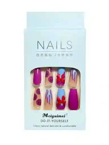 Kit Completo De Uñas Postizas Meguimei Caritas Magenta - Uñas Press On Con Adhesivo - Ref 6