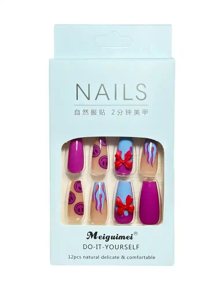 Kit Completo De Uñas Postizas Meguimei Caritas Magenta - Uñas Press On Con Adhesivo - Ref 6