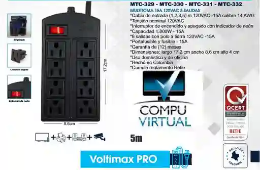 Multitoma 1 Metro Supresor Voltimax Pro 8 Tomas 120v 15a 1800w
