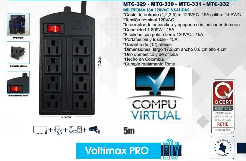 Multitoma 1 Metro Supresor Voltimax Pro 8 Tomas 120v 15a 1800w