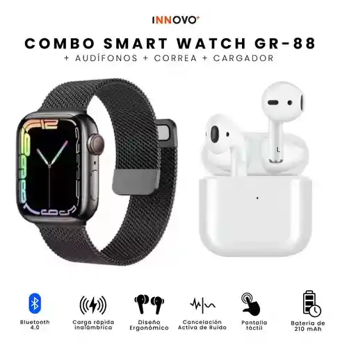 Reloj Watch 8 Sport Gr88 Doble Pulso Imán Negro Con Audifono Innovo Tech