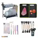 Combo Cook Home Escurridor De Platos 2 Niveles Tabla De Picar Set De Cuchillos X6 Y Set De Utensilios X12 Piezas