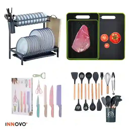 Combo Cook Home Escurridor De Platos 2 Niveles Tabla De Picar Set De Cuchillos X6 Y Set De Utensilios X12 Piezas