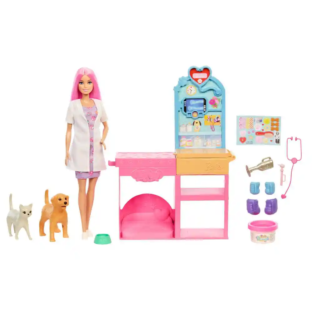 Barbie Profesiones Veterinaria Con Mascotas Y Accesorios Barbie  x 1 La Barbie Profesiones Veterinaria con Mascotas y Accesorios es ideal para los niños que sueñan con cuidar a los animales. Con su mesa de exploración, accesorios veterinarios y dos adorables mascotas, 