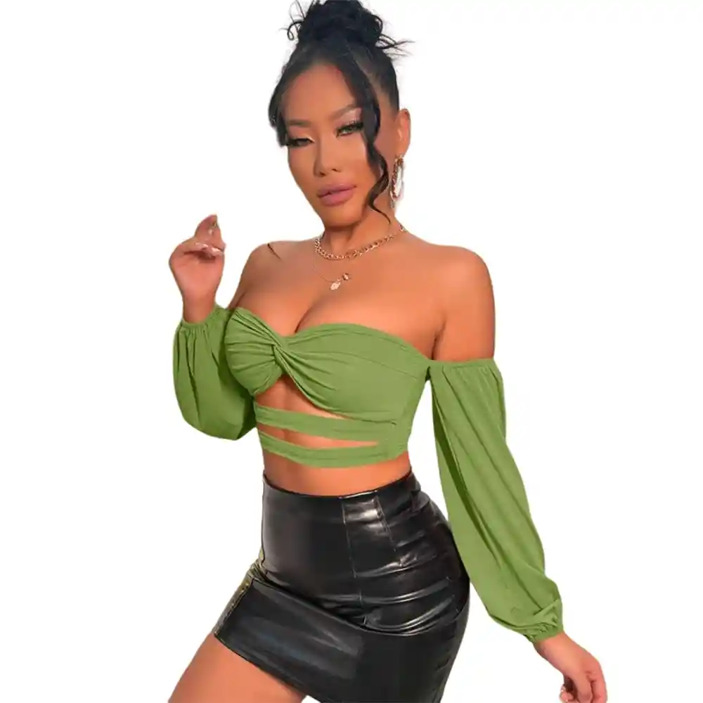Top Para Dama Shein Sxy Corto De Hombros Descubiertos Color Verde Talla S