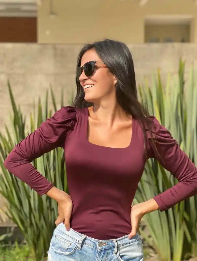 Body Para Mujer Escote Cuadrado Manga Bombacha - Bianco Vino M