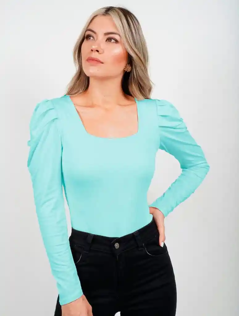 Body Para Mujer Escote Cuadrado Manga Bombacha - Bianco Verde Menta S