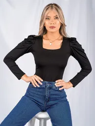 Body Para Mujer Escote Cuadrado Manga Bombacha - Bianco Negro Xl