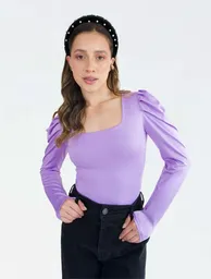 Body Para Mujer Escote Cuadrado Manga Bombacha - Bianco Lila Xl