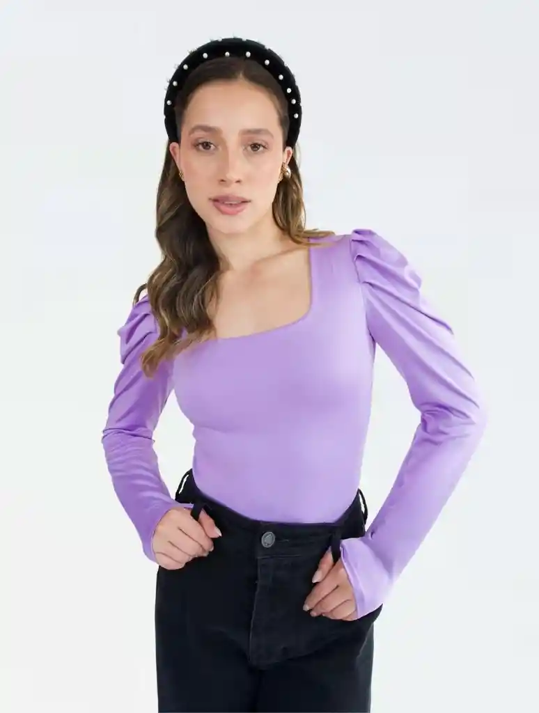 Body Para Mujer Escote Cuadrado Manga Bombacha - Bianco Lila S