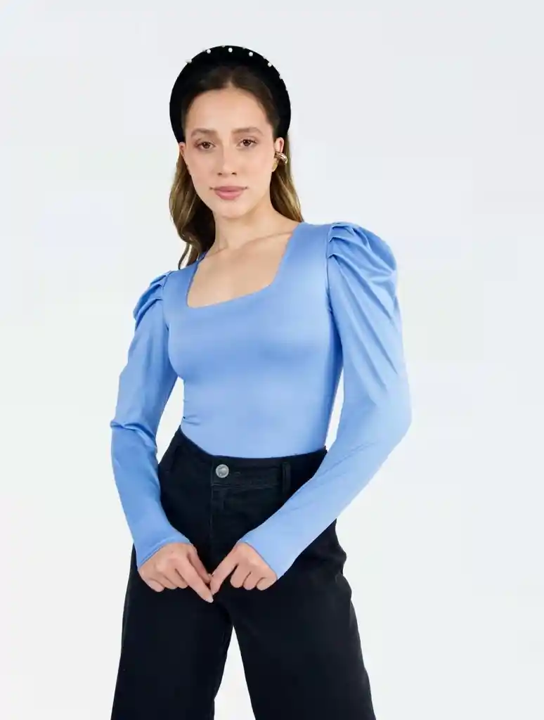 Body Para Mujer Escote Cuadrado Manga Bombacha - Bianco Azul Xl