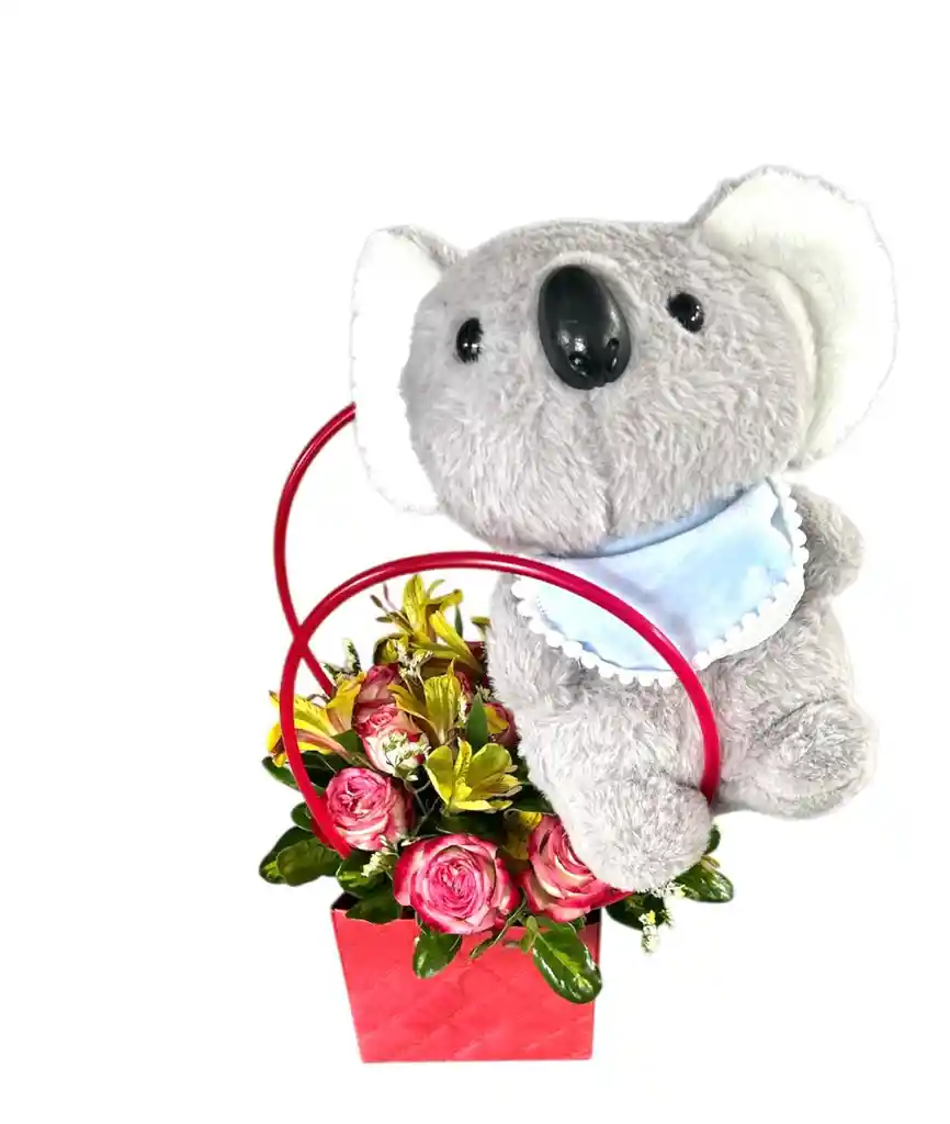 Flores Astromelias Y Rosas En Bolsa De Regalo Y Peluche Koala Edición Salva