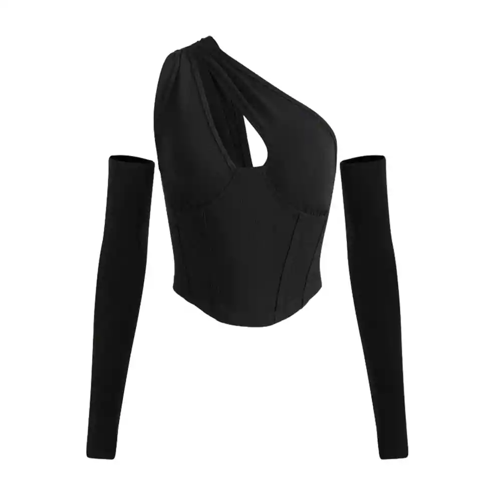 Top Para Dama Shein Icon Corto De Un Hombro Con Manga De Brazo Color Negro Talla S