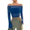 Top Shein Icon De Hombros Descubiertos Con Volante Fruncido De Malla Color Azul Talla S