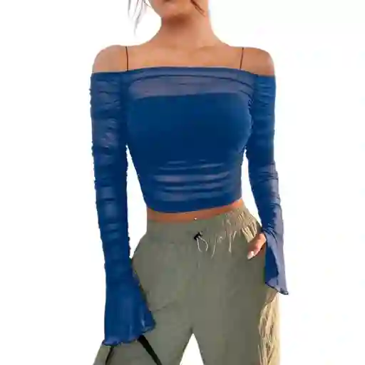 Top Shein Icon De Hombros Descubiertos Con Volante Fruncido De Malla Color Azul Talla S
