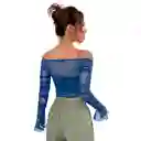 Top Shein Icon De Hombros Descubiertos Con Volante Fruncido De Malla Color Azul Talla S