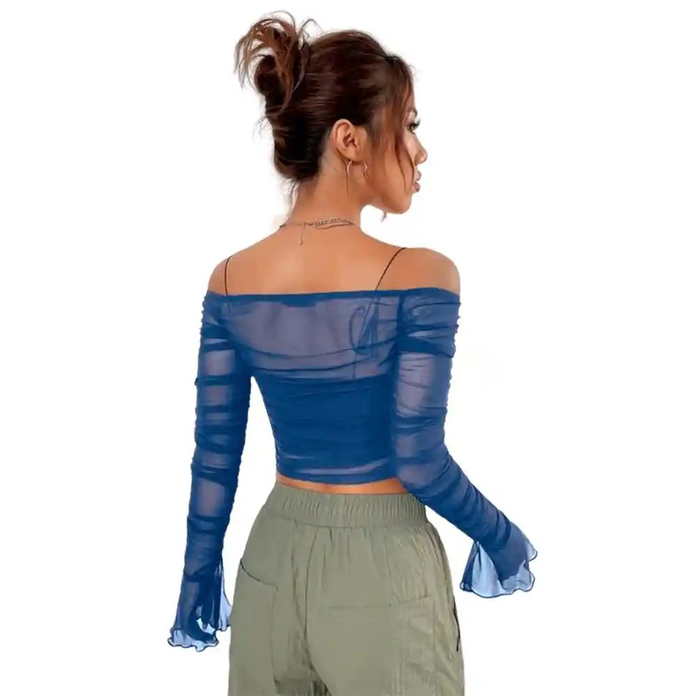 Top Shein Icon De Hombros Descubiertos Con Volante Fruncido De Malla Color Azul Talla S