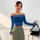 Top Shein Icon De Hombros Descubiertos Con Volante Fruncido De Malla Color Azul Talla S