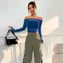 Top Shein Icon De Hombros Descubiertos Con Volante Fruncido De Malla Color Azul Talla S