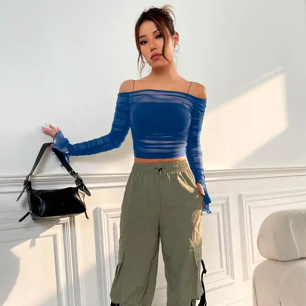 Top Shein Icon De Hombros Descubiertos Con Volante Fruncido De Malla Color Azul Talla S