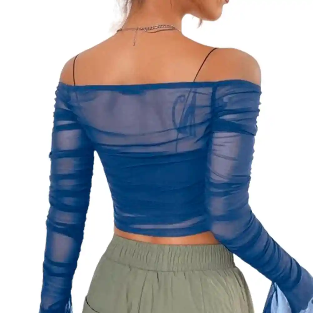 Top Shein Icon De Hombros Descubiertos Con Volante Fruncido De Malla Color Azul Talla S