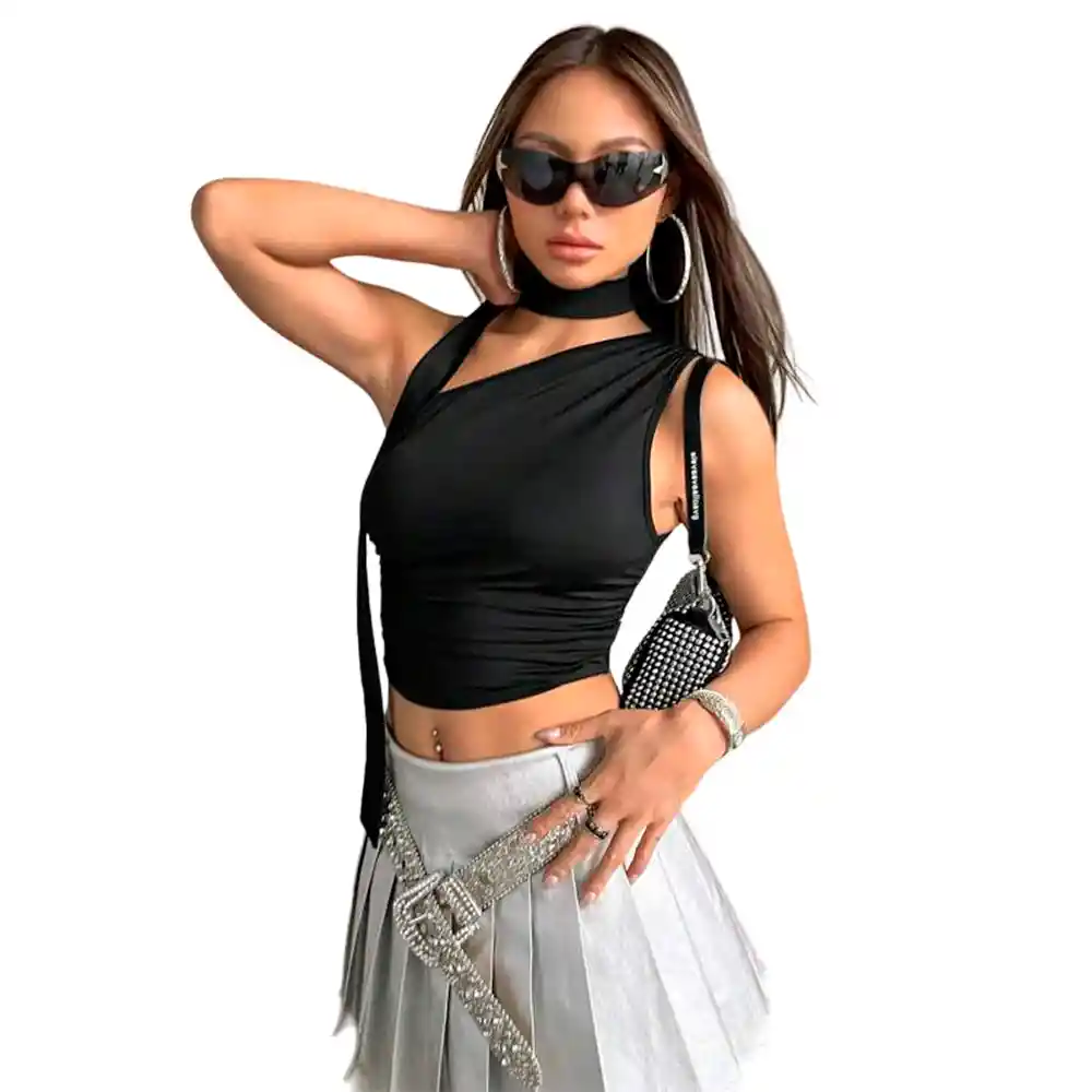 Top Crop Shein Para Dama Icon De Cuello Asimetrico Fruncido Color Negro Talla S