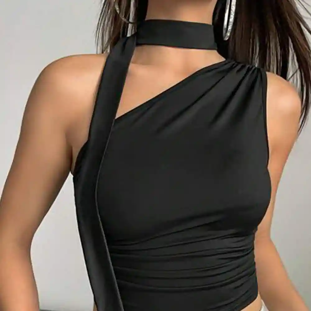 Top Crop Shein Para Dama Icon De Cuello Asimetrico Fruncido Color Negro Talla S