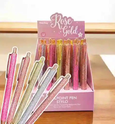 Esfero Escarchado Dorado, Oro Rosa, Rosado, Plateado, Tinta Negra Retractil