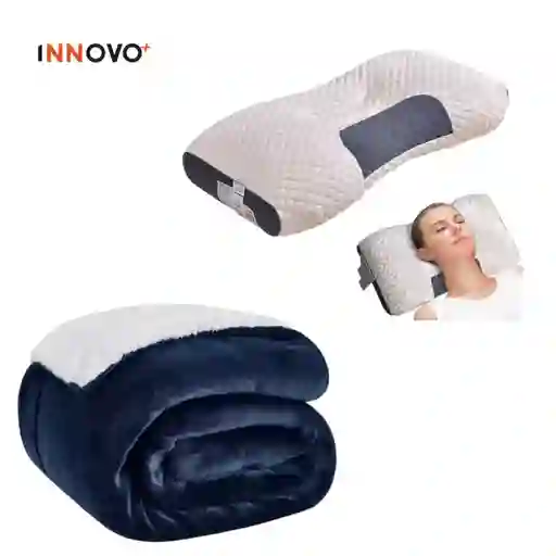 Dúo Combo Almohada Semi Ortopédica Cervical + Cobija Térmica Ovejera 180 X 240 Azul