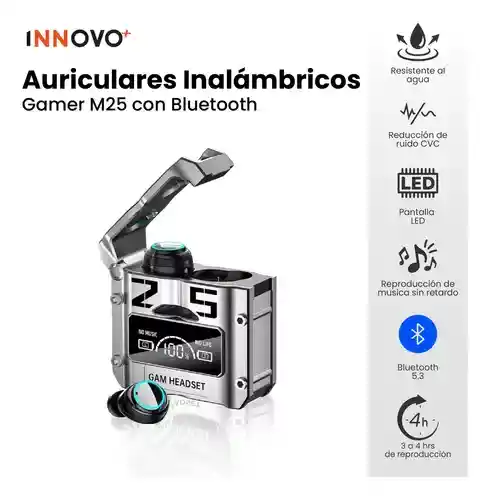 Audífonos Inalámbricos Plata M25 Bluetooth 5.3 Gamming Innovo Tech Sport
