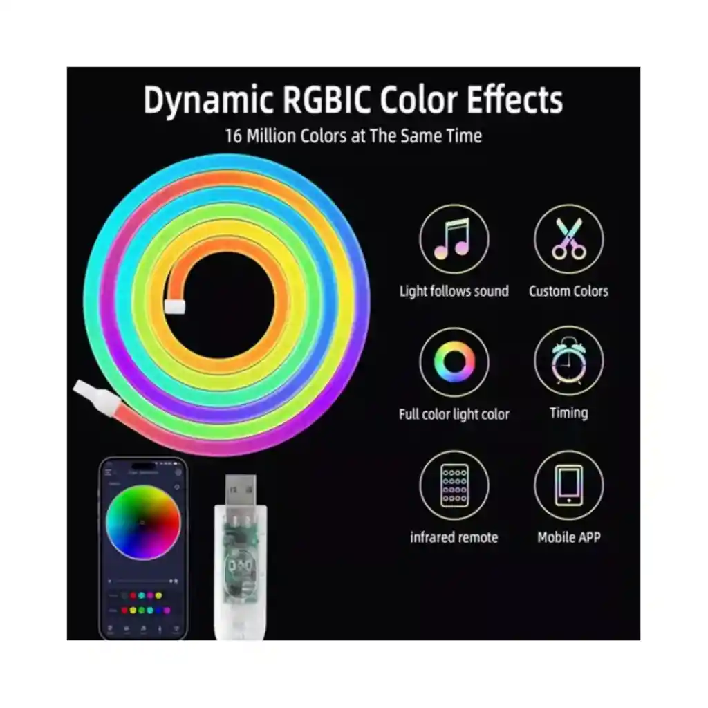 Cinta Tira Led Luz Neon Rgb Manguera 5 Metros Rítmica Usb