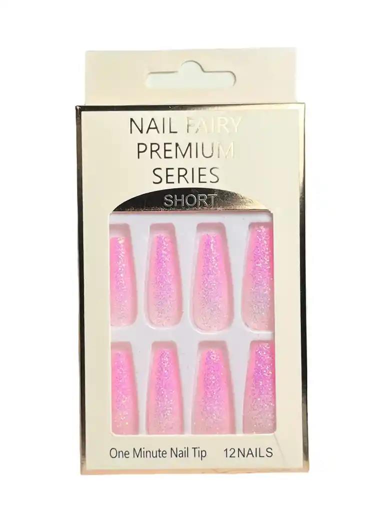Kit Completo De Uñas Postizas Fairy Premium Series Escarchada Rosa Barbie - Uñas Press On Con Adhesivo - Ref 5