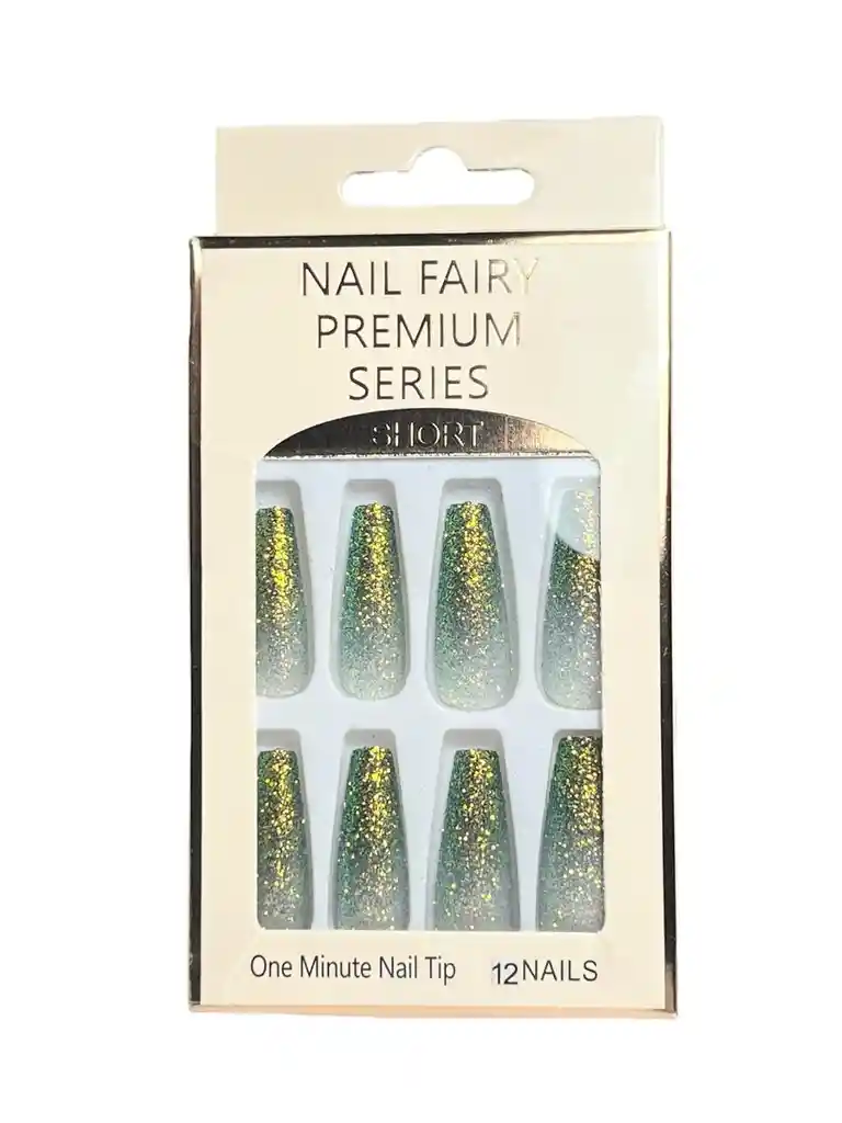 Kit Completo De Uñas Postizas Fairy Premium Series Escarchada Verde - Uñas Press On Con Adhesivo - Ref 10