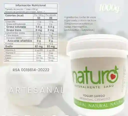 Yogurt Griego Artesanal X 1 Litro Naturo