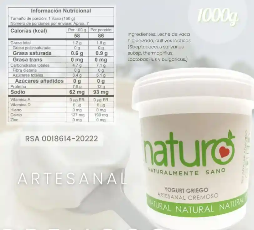 Yogurt Griego Artesanal X 1 Litro Naturo