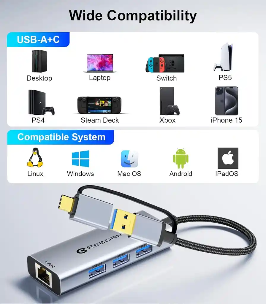 Adaptador Red Usb 3.0 A Rj45 Ethernet Hub Gigabit Original