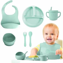 Kit De Alimentacion Bebe-niño Vajilla En Silicona Plato Babero Gris